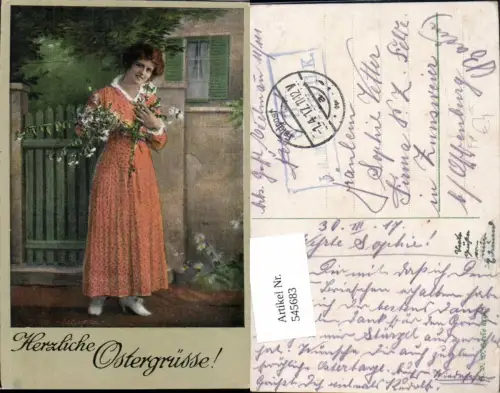 545683,Künstler AK Ostern Frau Deutsche Feldpost S.B. 111.11. K 1917