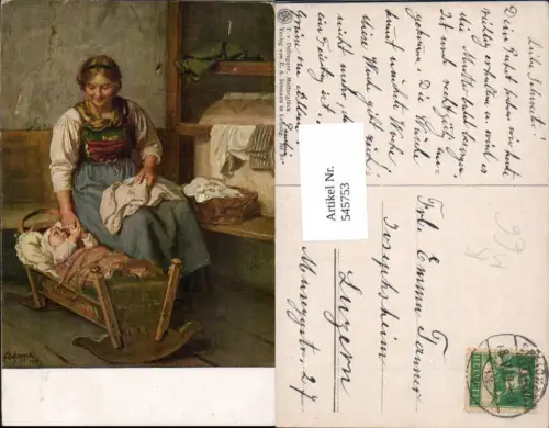 545753,Künstler AK F. v. Defregger Kinder Kind Mutter Mutterglück Wiege Baby