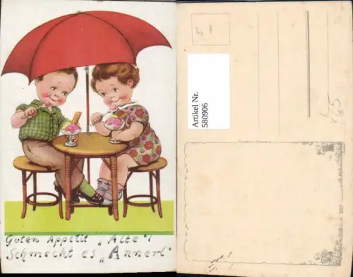 580906,Künstler Ak Kinder essen Eis unter Schirm Humor pub EAS 2367