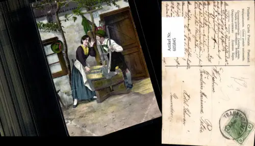 605845,Stempel Traunkirchen Paar Tracht v. Bauernhaus Sense Landwirtschaft