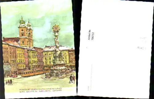 706712 Künstler AK Linz Hauptplatz mit Dreifaltigkeitssäule Weihnachten Neujahr