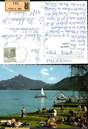 711871 Mondsee Salzkammergut Schafberg Alpenstrandbad Segelboot Bahnpost R 5340 St Gilgen 381