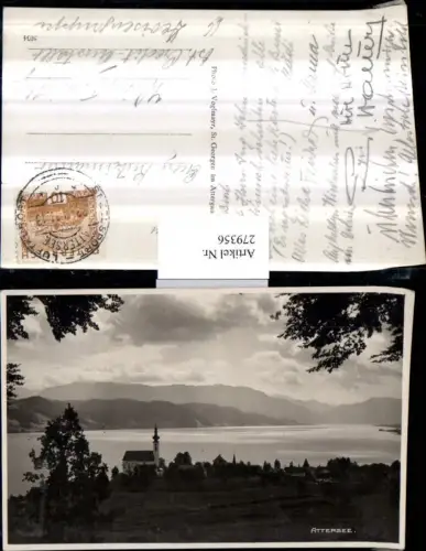 279356,Attersee Teilansicht Kirche Bergkulisse