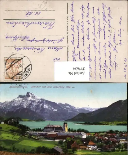 377634,Mondsee Totale m. Schafberg Bergkulisse pub F. E. Brandt 192