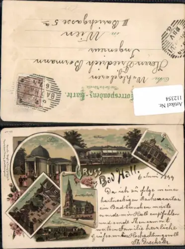 112354,Tolle Litho Gruss aus Bad Hall bei Steyr 1890 Kirche Theater Marktplatz Trinkhalle