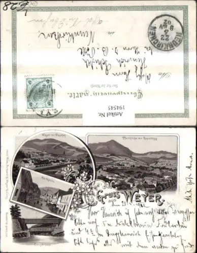 194545,Litho AK Gruß aus Weyer Bahnhof Pfarrkirche m. Rapoldegg Marktplatz Ennsbrücke Mehrbildkarte
