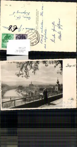 677180,seltene Foto-AK Steyr Blick auf die Stadt Kind am Geländer