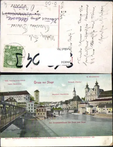 694834 Gruss aus Steyr Vorstadt Pfarrhof Steyrdorf Brücke pub Prietzel 888euro2