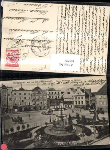 156299,Schärding Oberer Stadtplatz m. Rathaus Brunnen Automobil Kutsche u. Personen 926