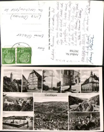 392768,Geislingen Totale Rathaus Brunnen Freibad Kreuz Turm Mehrbildkarte