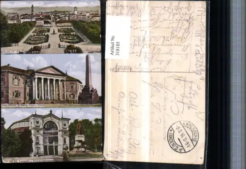 318185,Karlsruhe Totale Festhalle Bismarck-Denkmal Palais u. Obelisk Mehrbildkarte