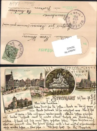 Lithographie Gruss aus Stuttgart Schloss Markt Stp. Neresheim Ohmenheim GH z. Kanne