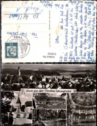 218542,Gruß aus d. Moorbad Schussenried Totale Kurheim Bibliotheksaal Zellerseebad Törle Mehrbildkarte