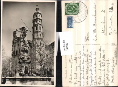 244909,Neresheim Brunnen und Kirchenturm Kirche