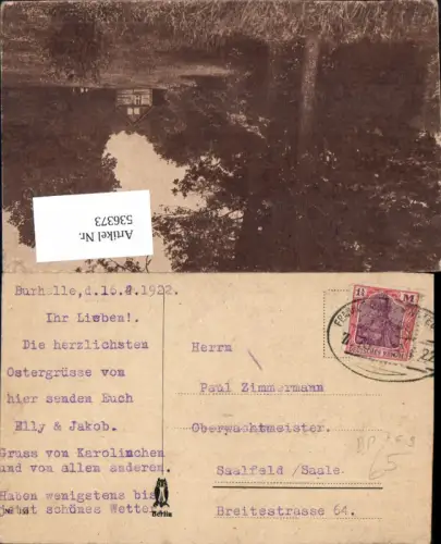 536373,Bahnpost Zug 769 13.4.1922 Burhelle n Saalfeld Saale