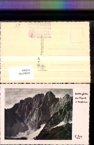312865,Gruttenhütte Berghütte b. Ellmau geg. Tuxeck u. Treffauer Bergkulisse