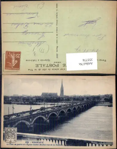 355774,Brücke Bordeaux Le Pont de pierre et l Eglise Saint-Michel vus de la Bastide Kirche
