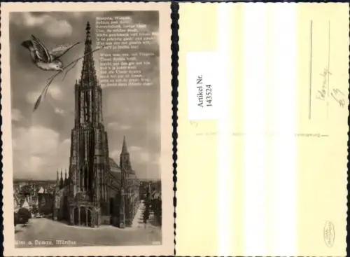 143524,Fotomontage Ulm a. Donau Münster Kirche Vogel m. Getreideähre Spruch Text