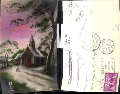170404,Künstler Ak Kirche i. Winter Hartelijk Gefeliciteerd