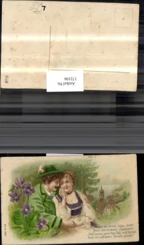 172106,Künstler Ak Präge Litho Jäger mit Frau Veilchen Kirche