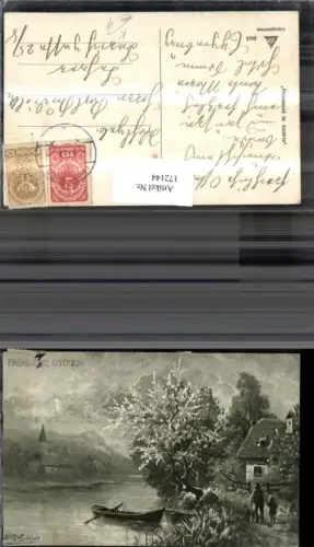 172144,Künstler Ak Schweiger Landschaft Boot Fluss Kirche Haus Mann mit Kind