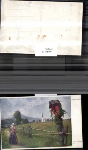 172159,Künstler Ak Karl Schuster gem. Stille Andacht Frau Landschaft Kirche