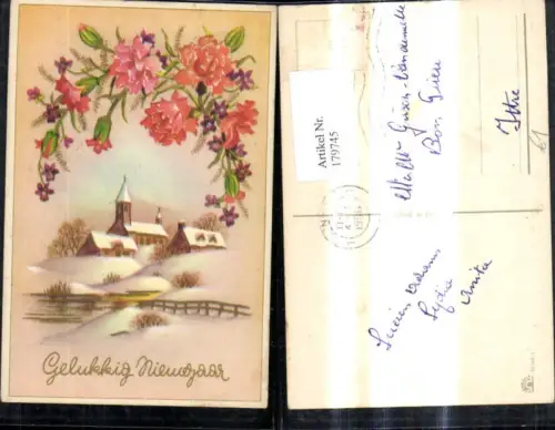 179745,Künstler Ak Kirche Winterlandschaft Blumen Blumenranke Gelukkig Nieuwjaar Neujahr