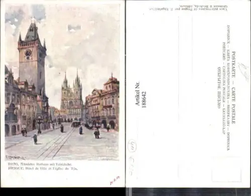 188642,Künstler AK F. Engelmüller Prag Prague Altstädter Rathaus m. Teinkirche Kirche Straßenansicht