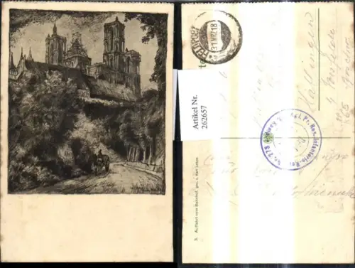 262657,Künstler Ak Karl Lotze Auffahrt v. Bahnhof Kirche Dom Feldpost Kgl. Pr. Reserve Infanterie Regiment 279