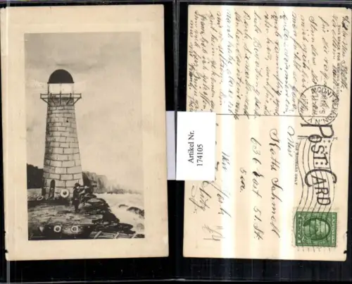 174105,Künstler AK Leuchtturm m. Mann Fernrohr