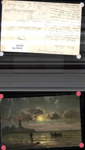 205249,Leuchtturm Künstler Ak Nacht Mondschein Ruderboot Boot Männer