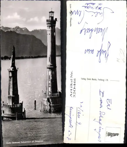 320466,Foto Ak Lindau a. Bodensee Leuchtturm Löwendenkmal Hafeneinfahrt m. Scesaplana