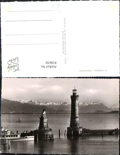 418650,Foto Ak Lindau Bodensee Hafeneinfahrt Leuchtturm Löwendenkmal Schiff