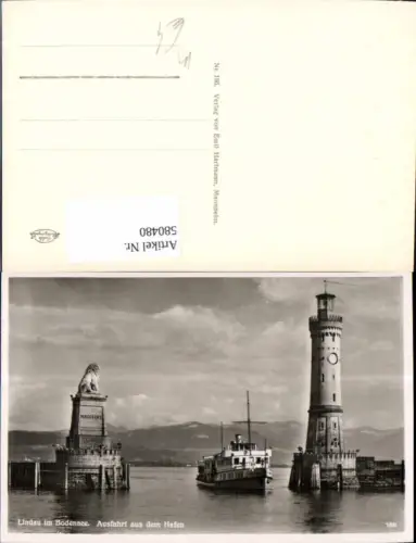 580480,Foto Ak Leuchtturm Lindau Bodensee Ausfahrt a. d. Hafen Löwendenkmal Schiff Dampfer