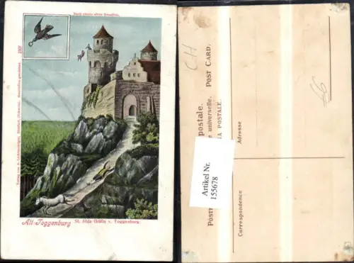 155678,Burg Alt Toggenburg Kirchberg n. Gemälde m. Mann u. Pferd Vogel m. Ring Kt St Gallen