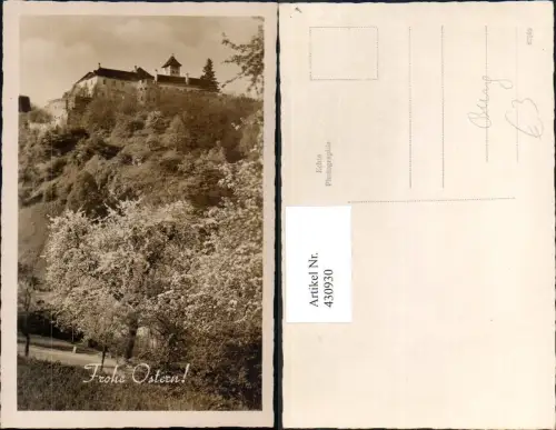 430930,Foto Ak Burg Baumblüte Bäume a. Hang Berg