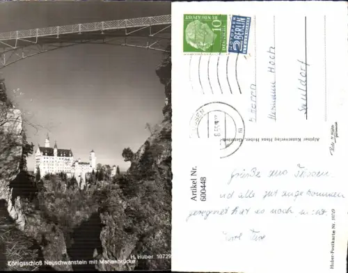 600448,Foto Ak Schloss Neuschwanstein m. Marienbrücke Brücke Schwangau pub H. Huber 10729