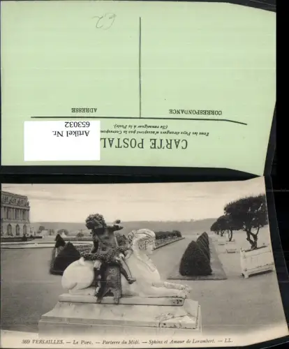 653032,Versailles Le Parc Parterre du Midi Sphinx et Amour de Lerambert Statue France