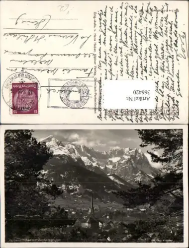 366420,Partenkirchen Teilansicht Kirche m. Zugspitzgruppe Bergkulisse pub H. Huber 147