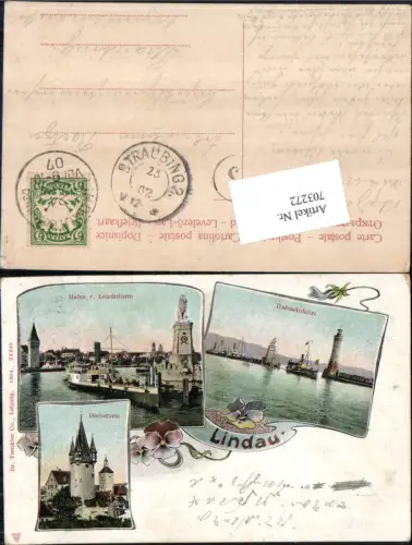 703272 Lithographie Gruss aus Lindau am Bodensee Hafen Leuchtturm pub Dr. Trenkler 24249