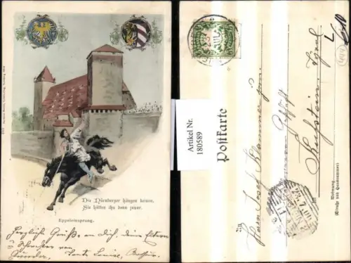 180589,Litho AK Nürnberg Eppeleinsprung Burg Wappen Pferd