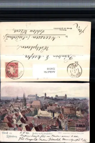 324510,Künstler AK Gruß aus Nürnberg Totale vom St. Lorenzkirchturm