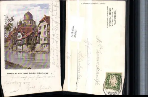 324691,Künstler AK Nürnberg Partie an d. Insel Schütt Kirchenkuppel