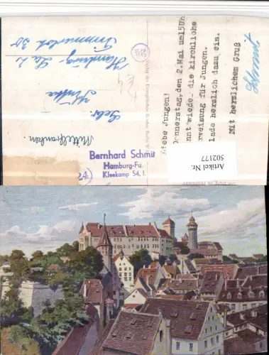 502177,Künstler AK Nürnberg Teilansicht m. Burg