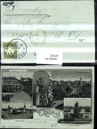 187852,Mondlitho AK Gruß aus Altötting Prozession Gnadenbild Marienbrunnen Kapellenplatz Mehrbildkarte