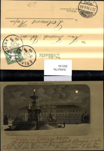 202154,Litho AK Mond Mondschein Gruß aus Erlangen Schlossplatz m. Kunstbrunnen Brunnen b. Nacht