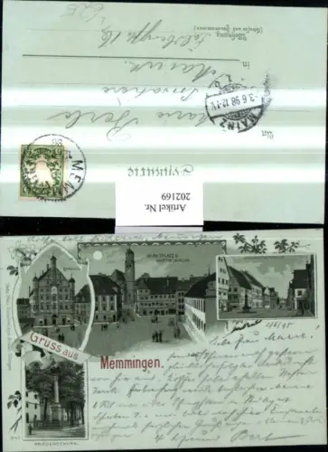 202169,Mond Litho AK Gruß aus Memmingen Rathaus Markplatz Kirche Bahnhofstraße Kriegerdenkmal Mehrbildk.