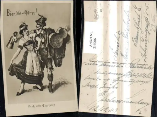 216006,Künstler Ak Gruß a. Tegernsee Bier Weib u. Gesang Frau Mann Tracht Bier Bierkrug Gitarre