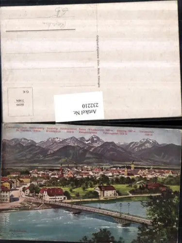 232210,Künstler AK Rosenheim Totale Brücke m. Gebirge Alpen Miesing Soien Sulzberg
