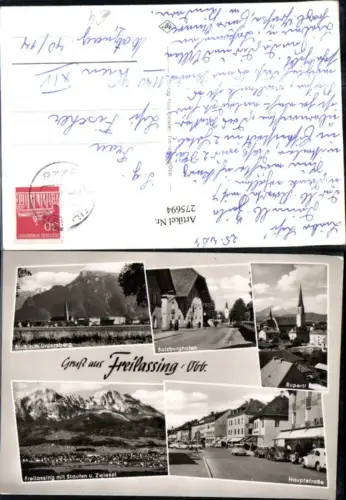 275694,Gruß aus Freilassing Totale Ruperti-Kirche Hauptstraße Straßenansicht Bergkulisse Mehrbildkarte